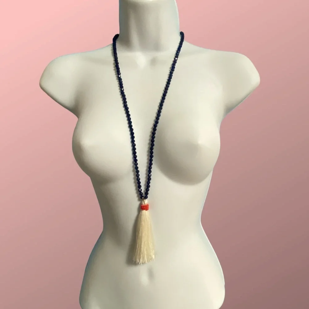 J.CREW Blue Acrylic Beads With White Tassel Pendant